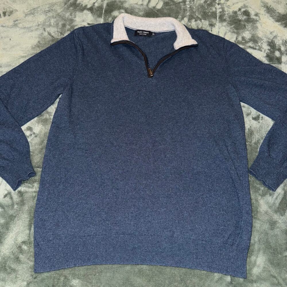 Filipo Riberti Men's XL Wool Quarter Zip Navy Blue Gray Collar Made in Italy